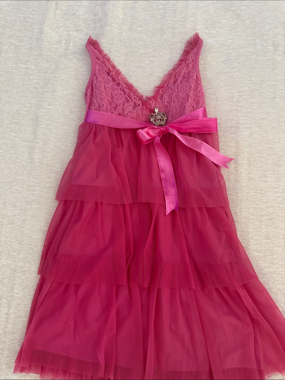 Girls' Hot Pink Lace & Tiered Tulle Party Dress with Satin Bow
